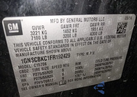 2015 Chevrolet Tahoe Lt from USA, damaged, VIN 1GNSCBKC1FR192429